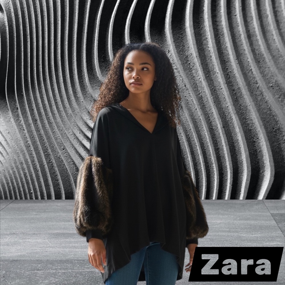 Vintage style Zara Black V-Neck Tunic with Faux-Fur Brown Balloon Sleeves - Picture 6 of 12